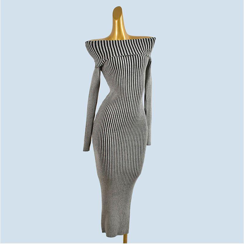 

Foreign Trade Order Gyaru Sexy off-Shoulder off-Shoulder Long sleeve Knitted dress Women Spring and Autumn Slim fit Slimming Split Sheath As Stripes in Figure All yards
