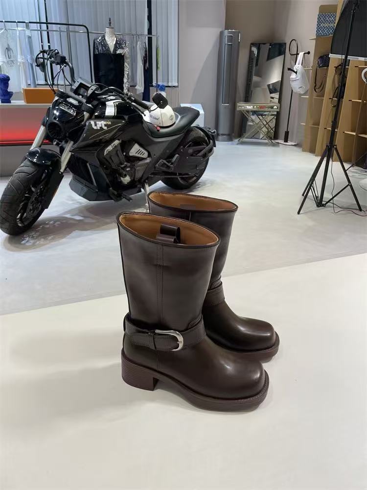 Cowhide Version~ Korean Wide Tube Leather Thick-soled Medium Tube Boots Women's Fat Mm Thick Leg Knight Boots Martin Western Boots Short Boots