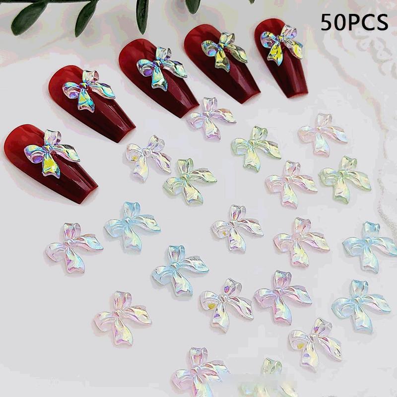 50Pcs/Bag 3D Bowknot Nail Art Decoration Colorful Aurora Super Fairy Bow Nail Art Charms Girl Diy  Manicure Accessories