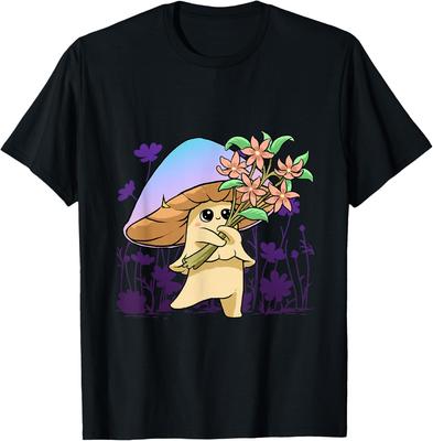 Cute Mushroom Holding Flowers Graphic Tee Goblincore Aesthetic Cottagecore Style T-Shirt
