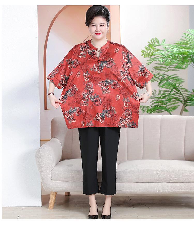 7XL Plus Size Summer Xiangyunsha Set for Middle-Aged & Elderly: Loose Mid-Sleeve T-Shirt Two-Piece for Tummy-Hiding Comfort.