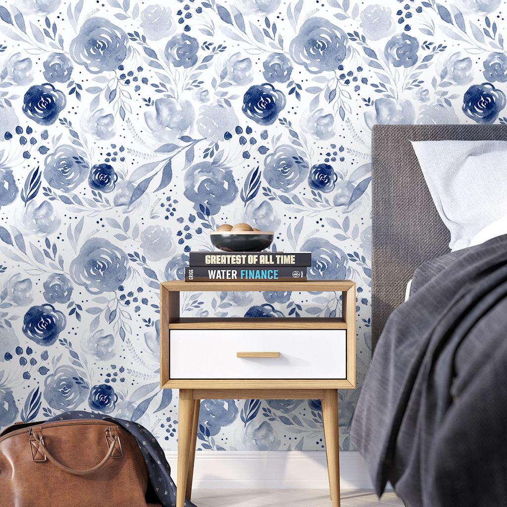 Blue Watercolor Floral Background Removable Wallpaper(45cm*300cm)