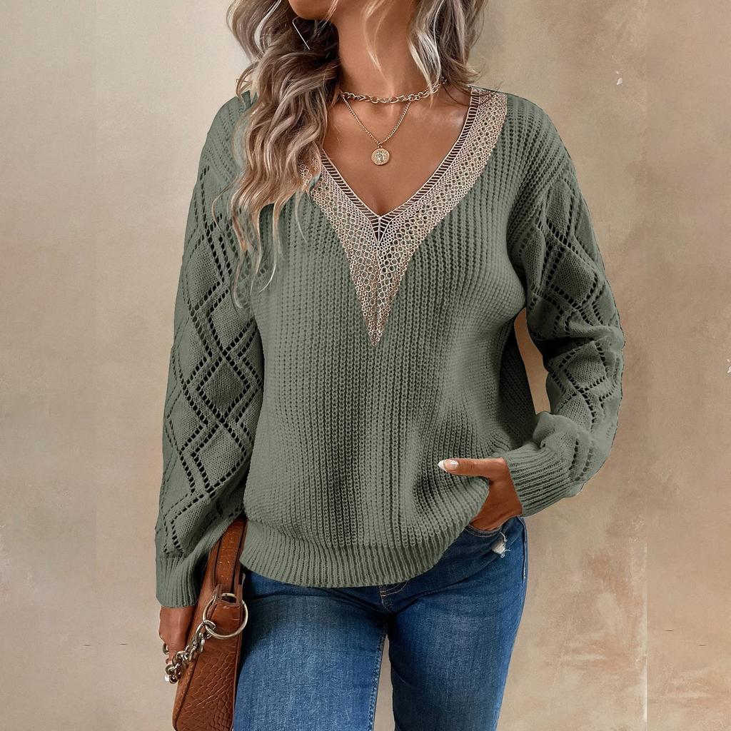 Women's Fashion Casual Hollow Lace V Neck Pullover Solid Color Loose Lightweight Long Sleeve Top Knitted Sweater