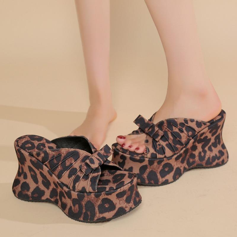 Fashion Leopard Fashion Super High Heel Flip-Flops Women's Summer New Round Toe Platform Heightening Non-slip Cool Slippers