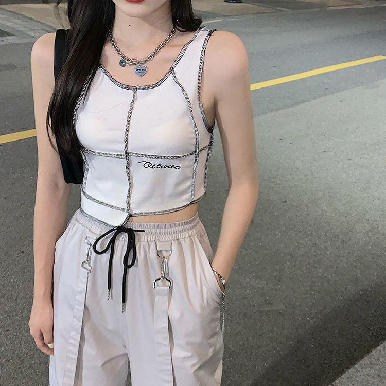 Women Fashion Black White Tops Sleeveless T-shirts For Girls Y2K Tops Leisure Female Casual Vest