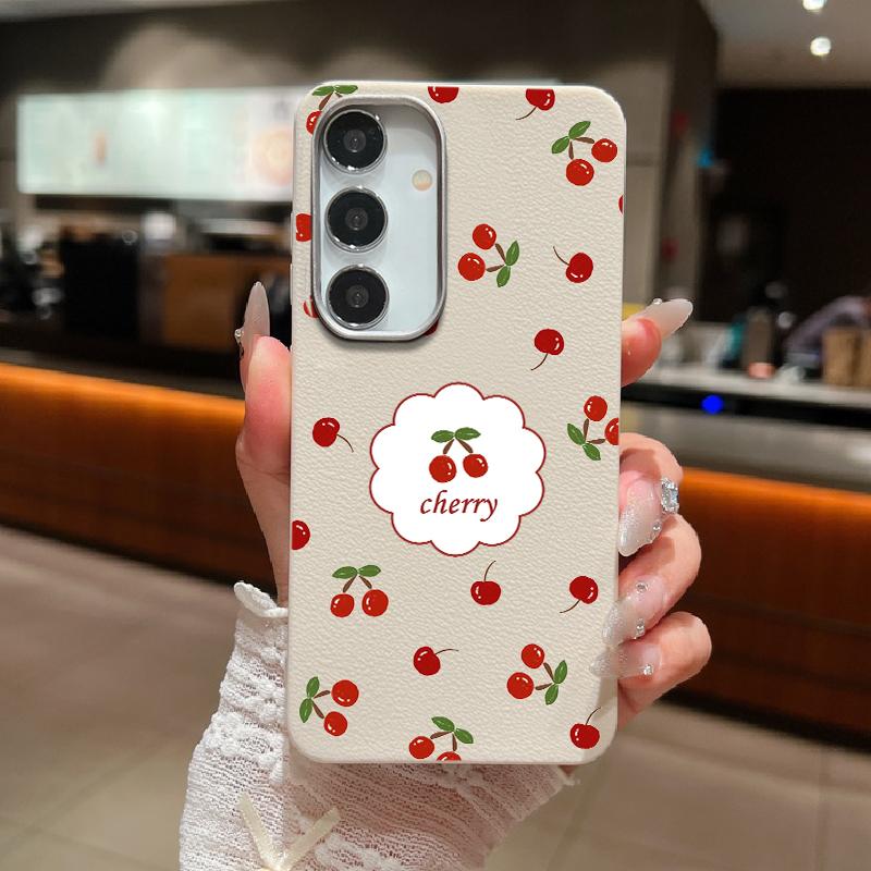 Cherry Pattern Soft Tpu Case for Samsung S25 S24 Fe S23 Ultra S22 S21 A16 A15 A55 A56 A35 A36 A25 Shockproof Slim Leather Texture Case Cover