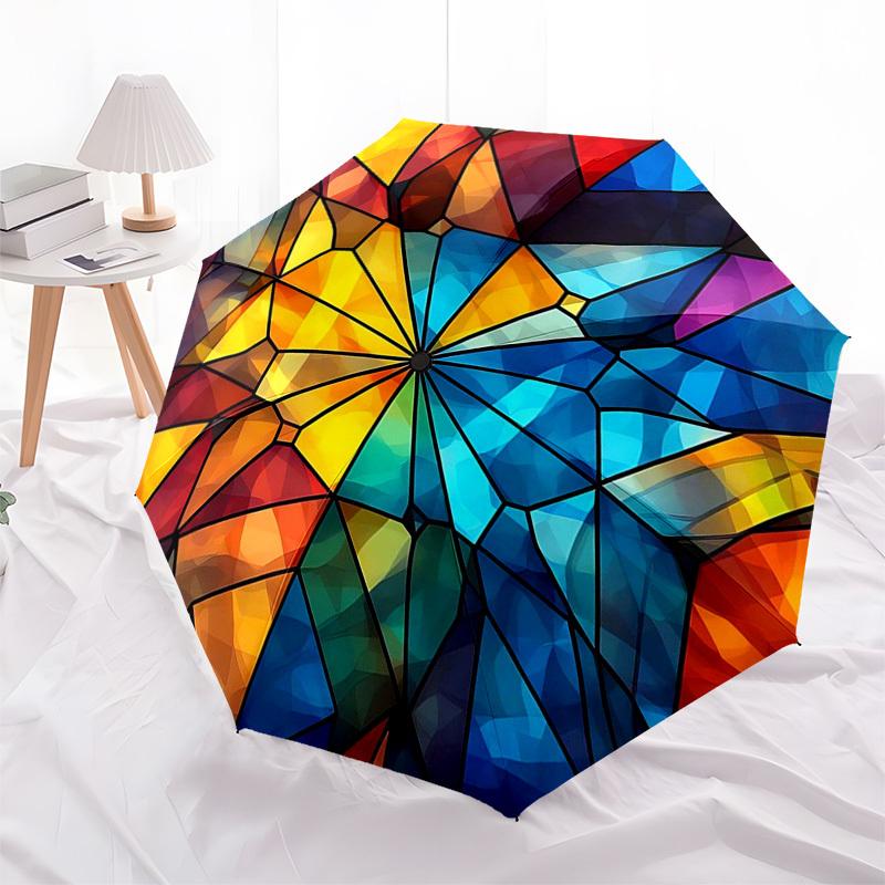 1 Stück Bunter Buntglas-Design Automatischer Faltregenschirm - Tragbares Dreifach faltbares Design mit 8-Speichen-Eisenrahmen, Outdoor, Festliches Geschenk für Fans, Reise