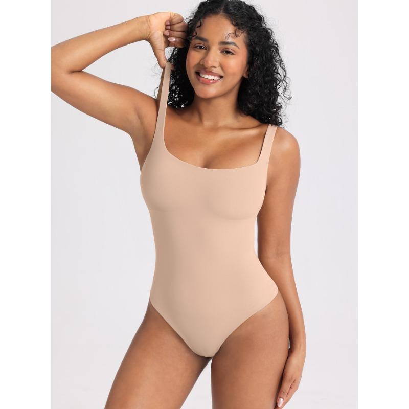 Women High Waist Double Layer Tummy Control U Back Solid Bodysuit