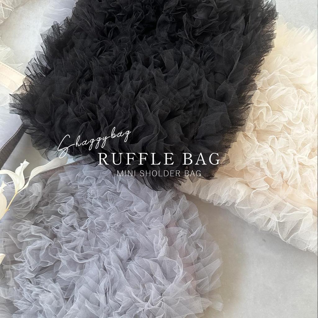 Mini Shoulder Bag Handbag Ruffle Minimalist Cute Light Korean Stylish Tulle Mini Ruffle Bag [DIVA Rose] Women's (Gray)