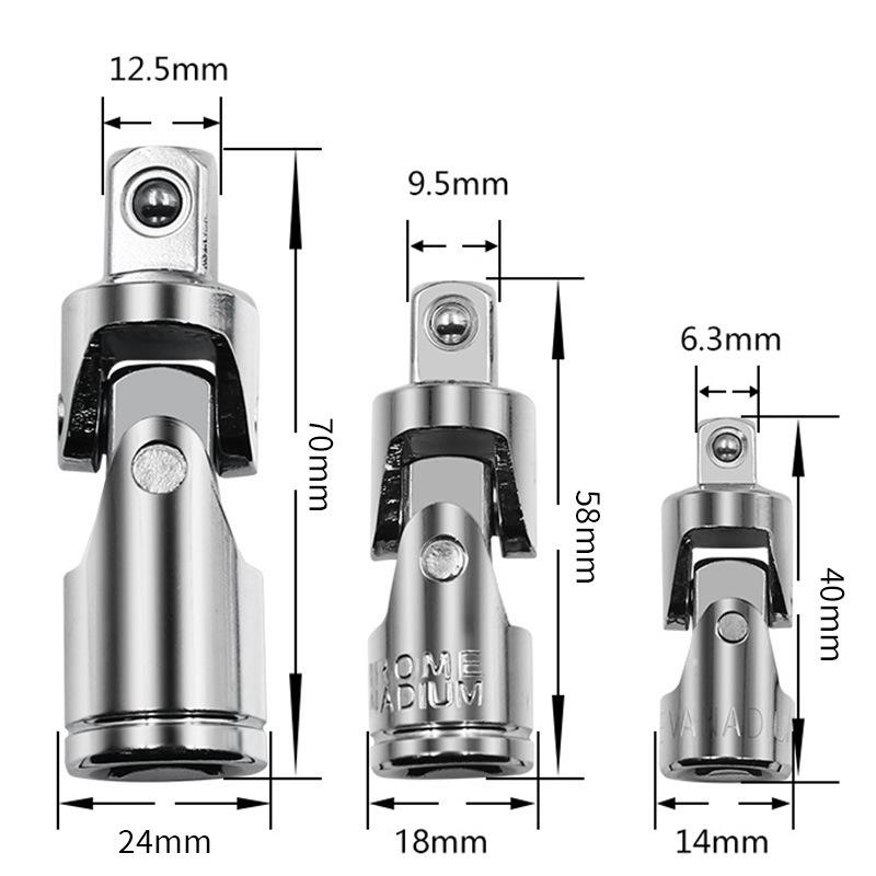 Universal Joint Adapter Socket Wrench: 1/4, 3/8, 1/2 Specifications, 360° Swivel.