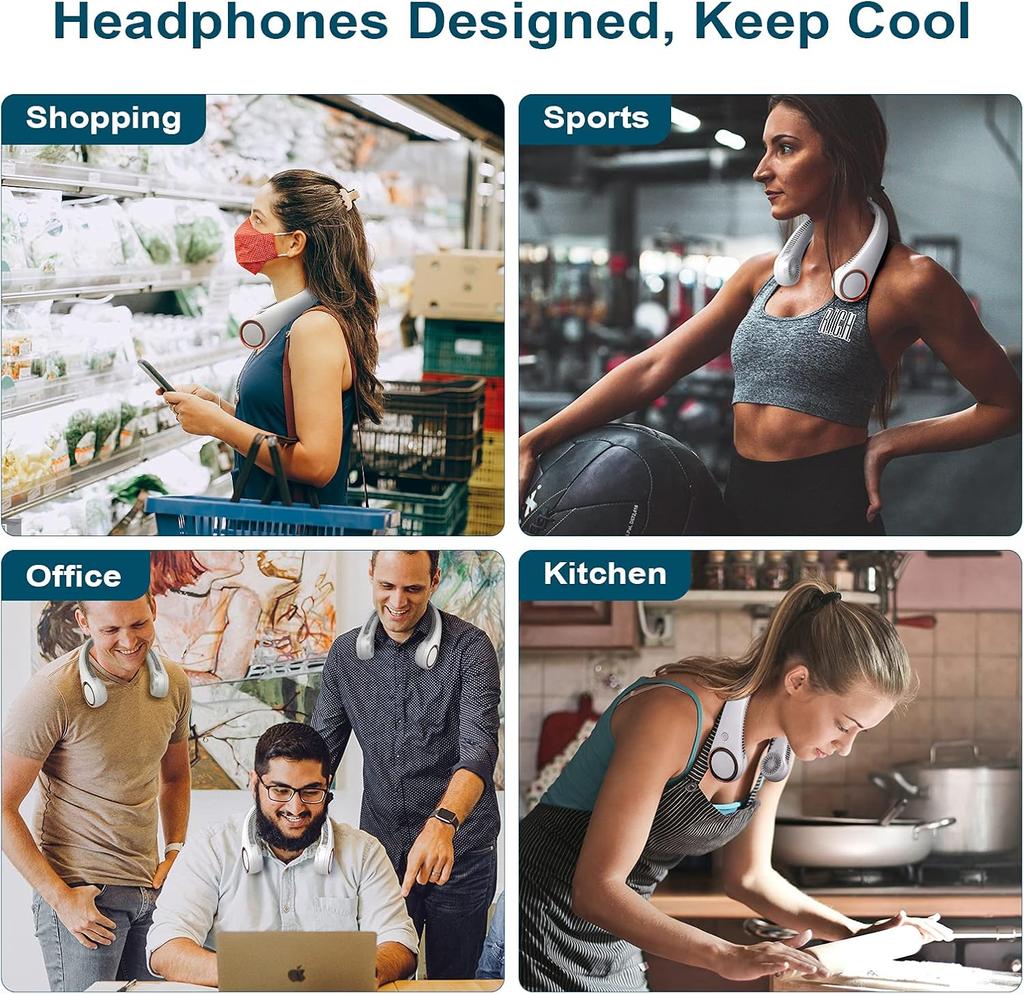 Portable Personal Neck Cooling Rechargeable Bladeless Fan - Hands Free 3 Speed 4000 mAh Battery USB Operated Wearable Headphone Design