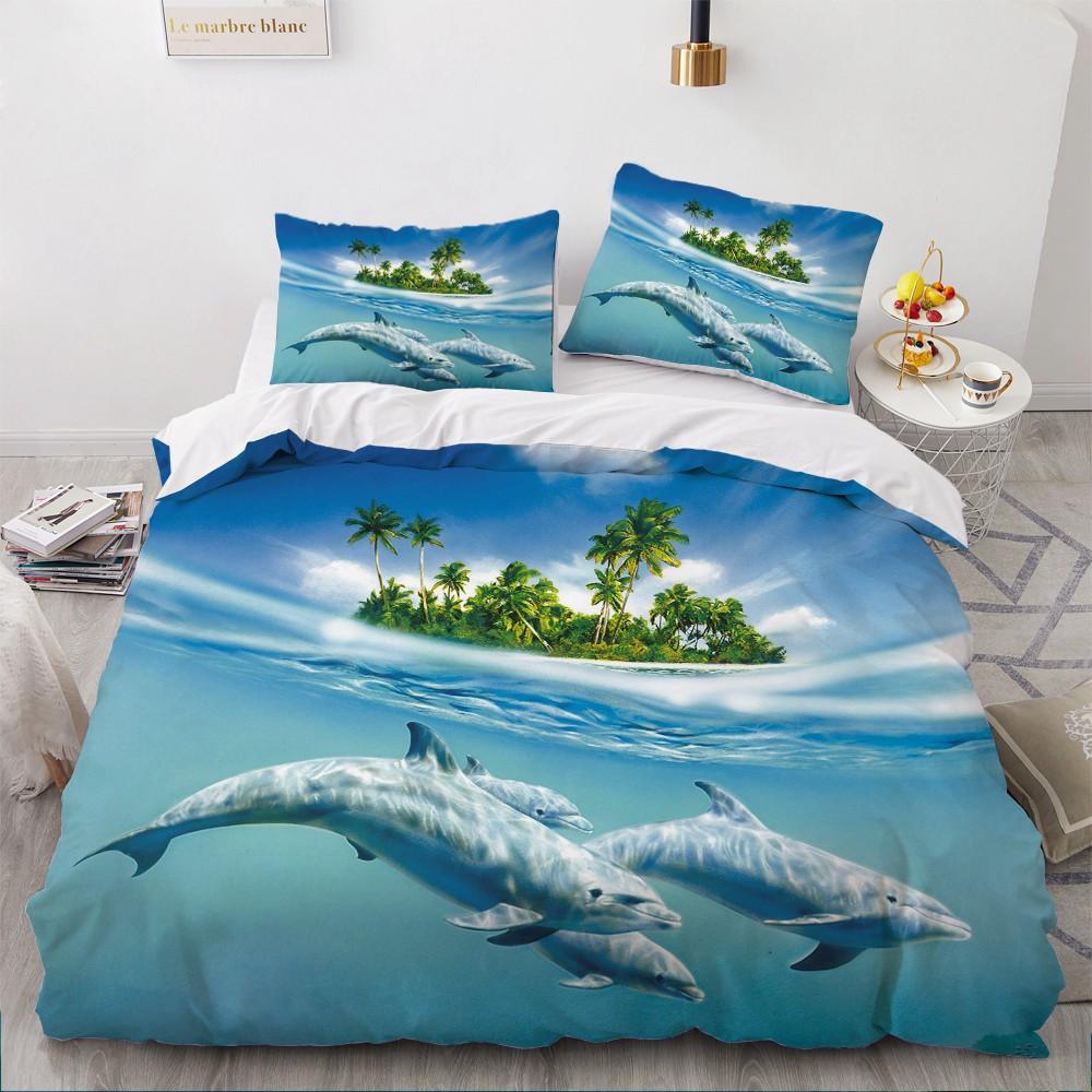 Dolphin Ocean King Queen Duvet Cover Cute 3D Sea Animal Bedding Set For Kids Teens Adults Shoal Of Fish Blue 2/3pcs Quilt Cover