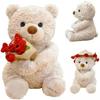 30cm Teddy Bear Plush Toy with Rose Bouquet and Hat, Romantic Valentine's Day Birthday Gift for Women Girls, Decoration Doll (Beige)