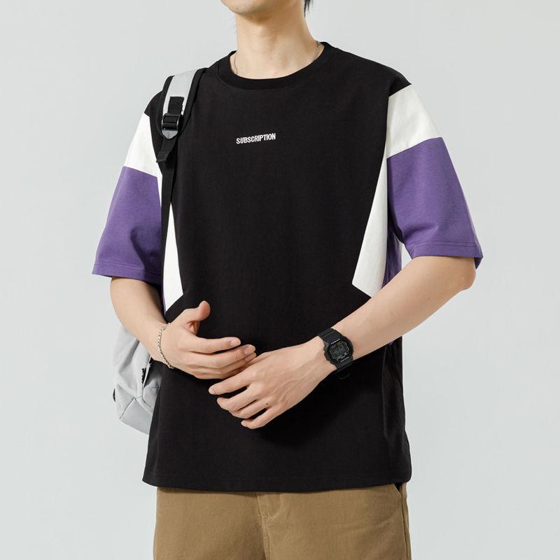 

Contrasting Colors Basic Pullovers Summer Casual Letter Printed Men s Clothing Stylish Patchwork American Short Sleeve T-shirts XXXL чёрный