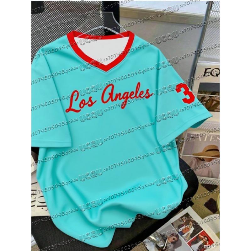 Sommer Modisch NR.35 Print Los Angeles V-Ausschnitt Damen Basic T-Shirt Locker und Bequem Kurzarm T-Shirt Tops Tee