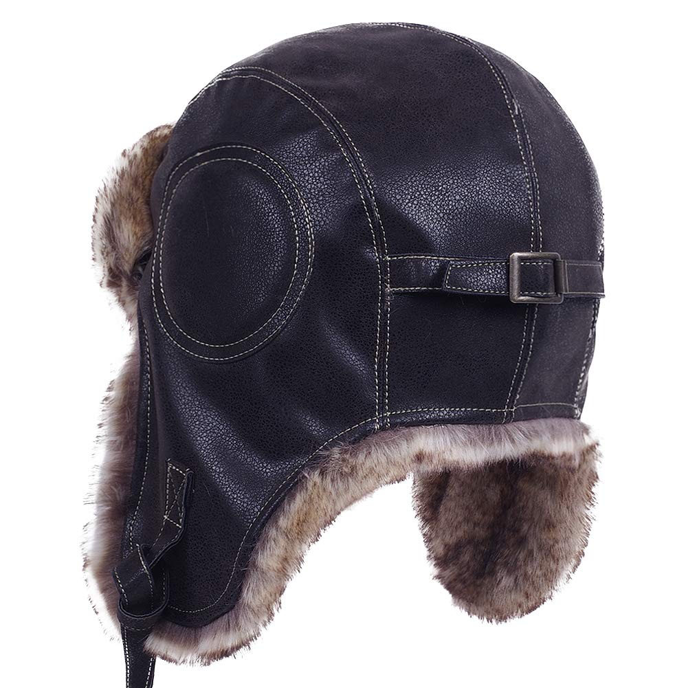 Pilot Russian Fur Pilot Cap Black Leather [Janey&Rubbins] Cap, Style, Warm, Earflaps, Lining, Skiing, Outdoor, Unisex, (L, #2)