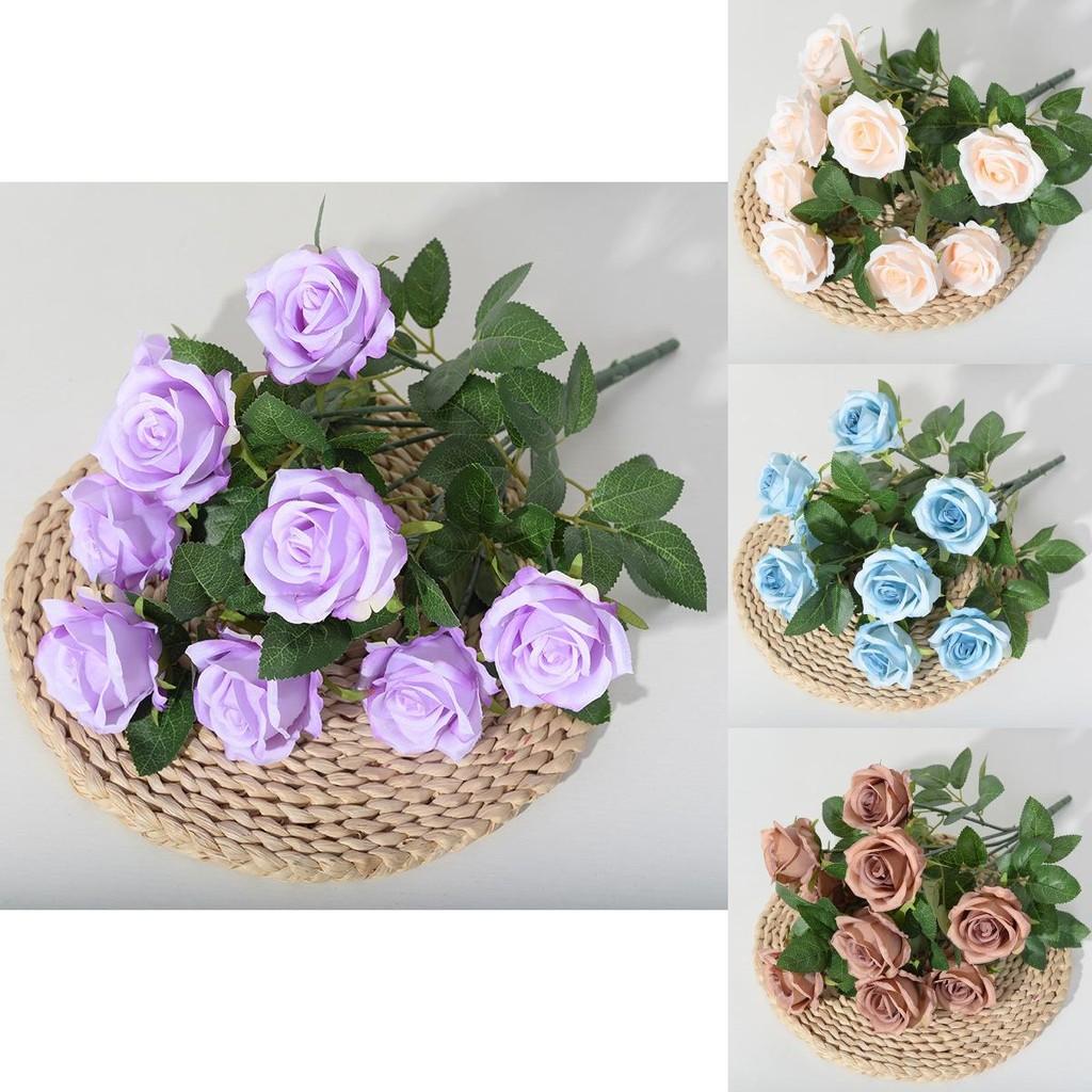 Realistic Faux Rose Display Nine Head Flowers For House Decor Photography Studio And Outdoor Settings