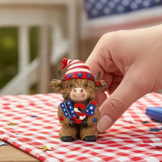 2 Pcs Patriotic Highland Cow Figurine 4th of July Red White Blue Wooden Cow Statue for Memorial Day Farmhouse Tiered Tray Home Table Shelf Decor