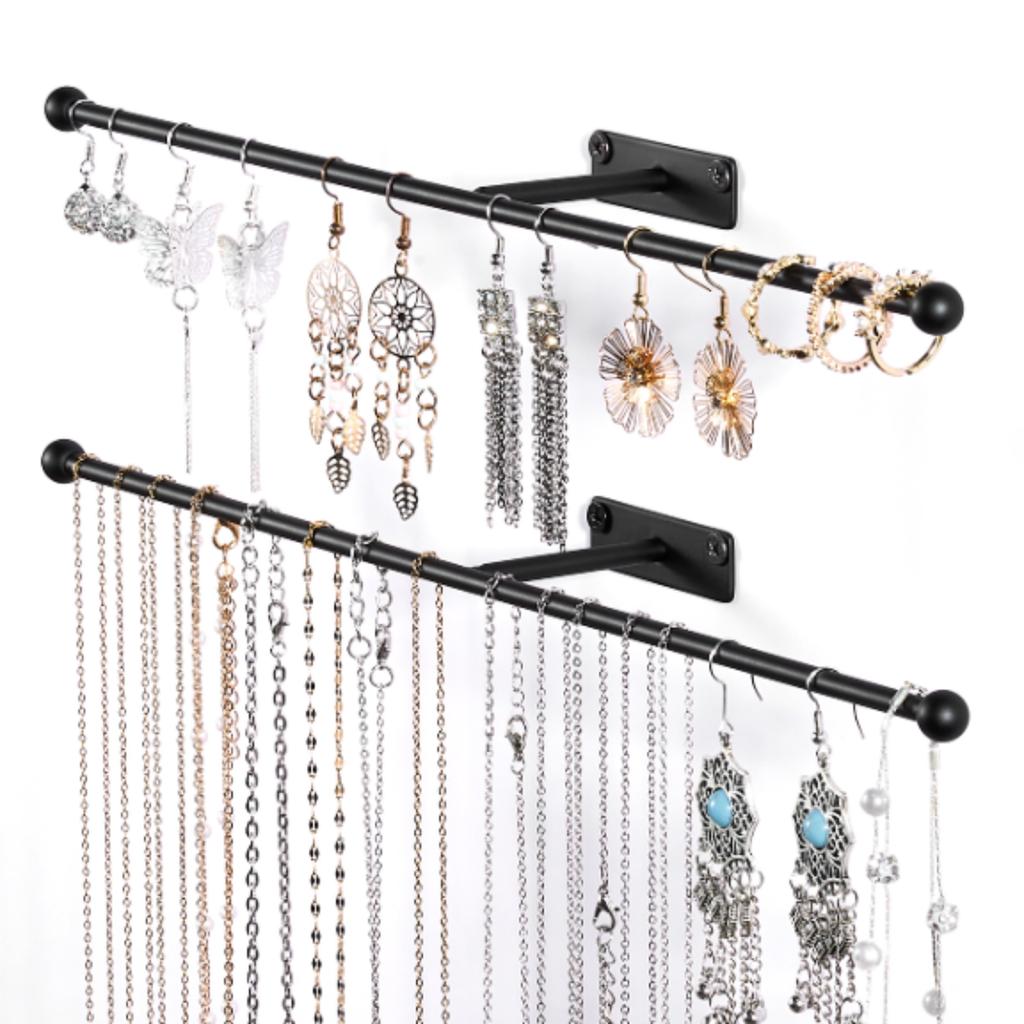 Black Wall Mounted Jewelry Storage Rack Pack of 2 : 12.6-inch Necklace Rack with Screws for Earrings Bracelets Rings Hair Rings Glasses