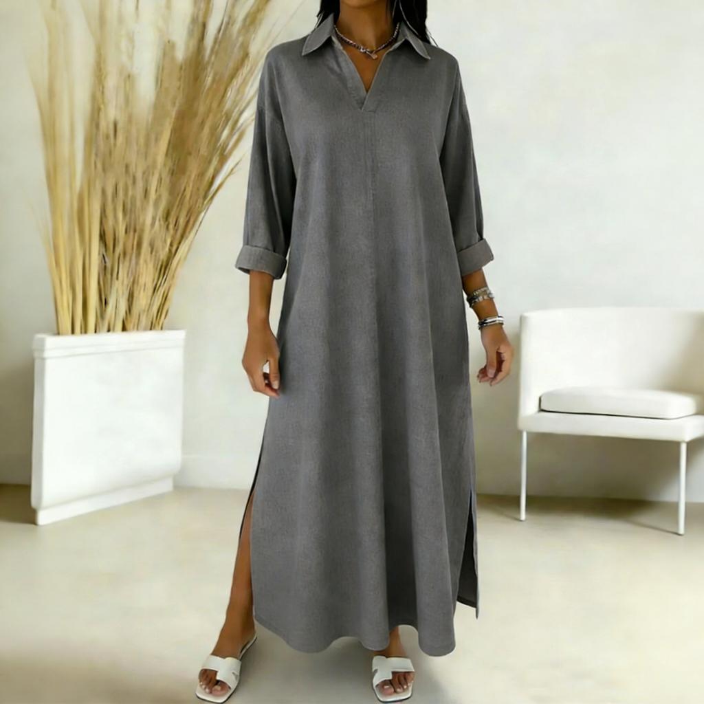 Women's -color Mid-length Loose-fitting Dress With Large Pockets And Casual