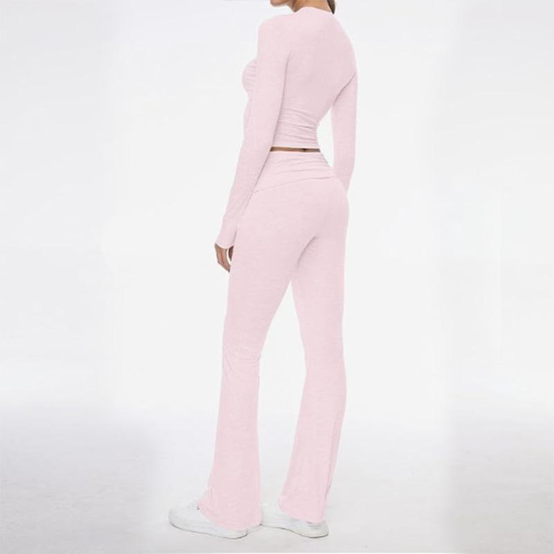 Damen Freizeit Zweiteiler Set Langarm Rundhals Crop Top Hohe Taille Schlaghosen Gestrickt Einfarbig Loungewear Passendes Outfit Set