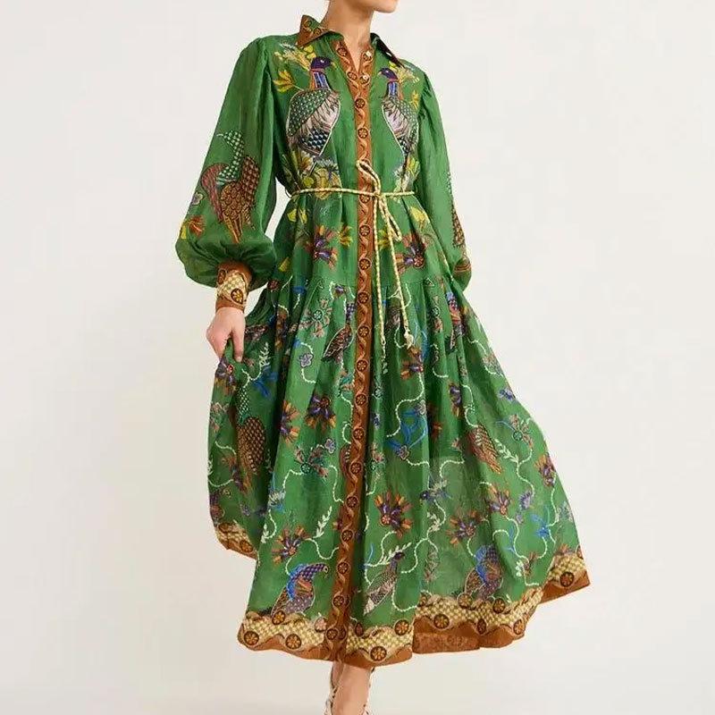 Retro Lantern Sleeve Lace-Up Printed Dress: European & American Women's Fashion