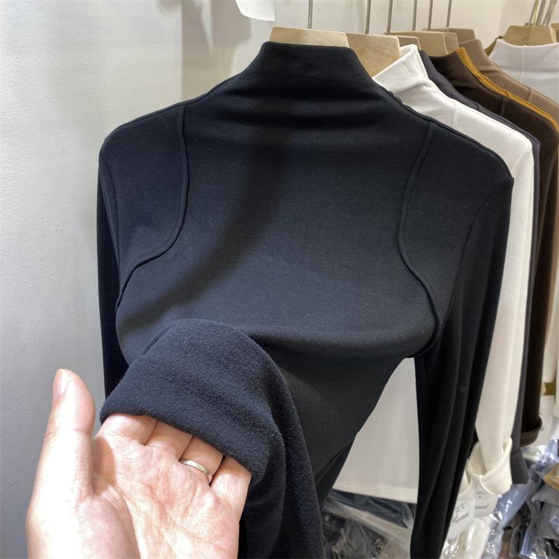 Half Turtleneck Bottoming Shirt for Women Autumn and Winter New Style Plus Velvet Long-sleeved T-shirt Slim Fit Top