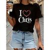 I LOVE Chris Heart Made of Small Hearts Letter Print Plus Size Women's T-shirt, Short Sleeve Crew Neck Casual Top for Summer & Spring,