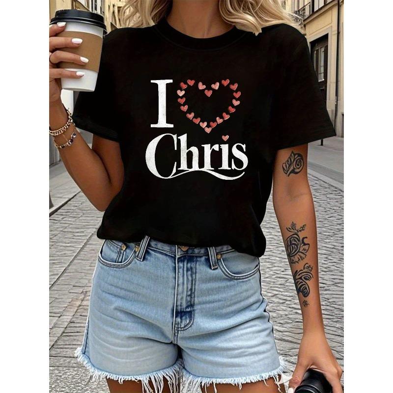 

I LOVE Chris Heart Made of Small Hearts Letter Print Plus Size Women s T-shirt, Short Sleeve Crew Neck Casual Top for Summer & Spring, S чёрный