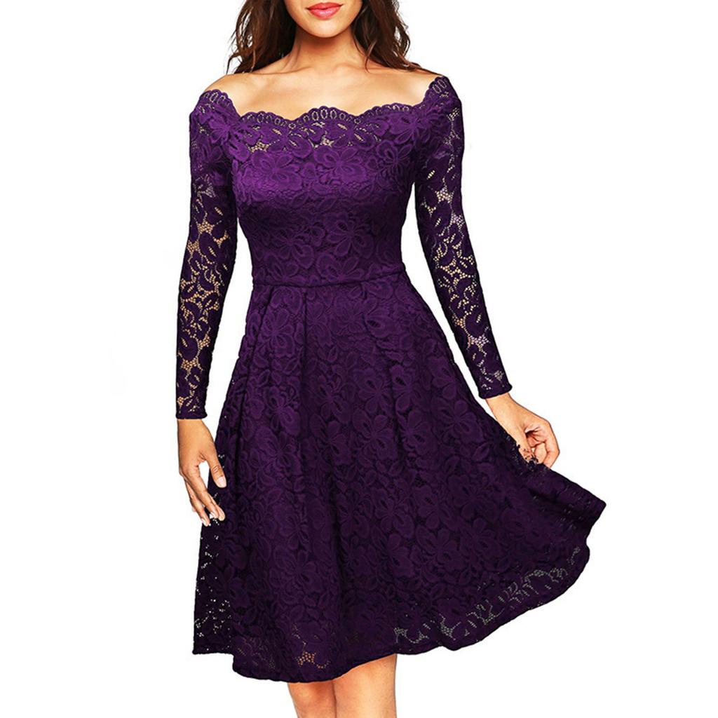 Women's  Casual Fasion Solid Color Strapless Hollow Out Long-sleeve Waist A-line Big Swing Lace With  Dress