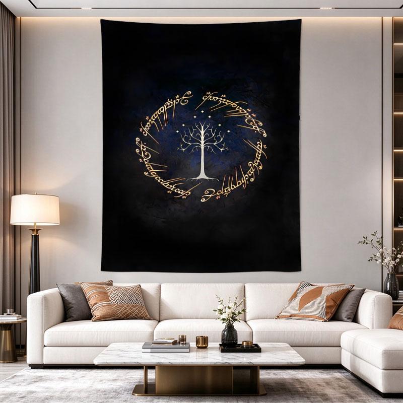 Lord of the Rings White Tree, black field with the White Tree of Gondor inside a ring of gold elvish script, rich saturated color, wall tapestry