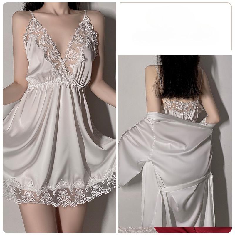 Women’s Spring Summer Satin Lace Nightdress Backless Sleepwear with T-Back Thong Set