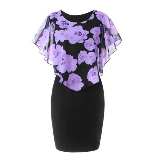 Plus Size Elegant Office Lady Rose Flower Print Cape Bodycon Knee Length Dress
