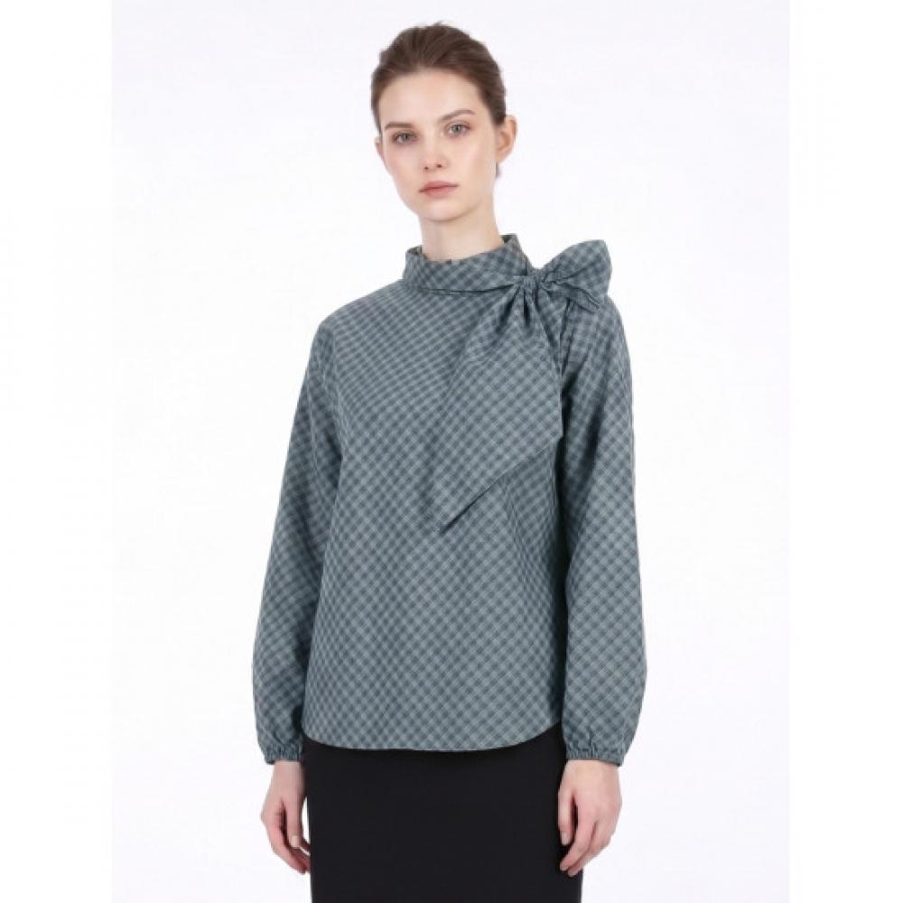 Shop Womens Korean Ruffleneck Ribboncheck Cotton100 Lsblouse Navysiu Wbl260050