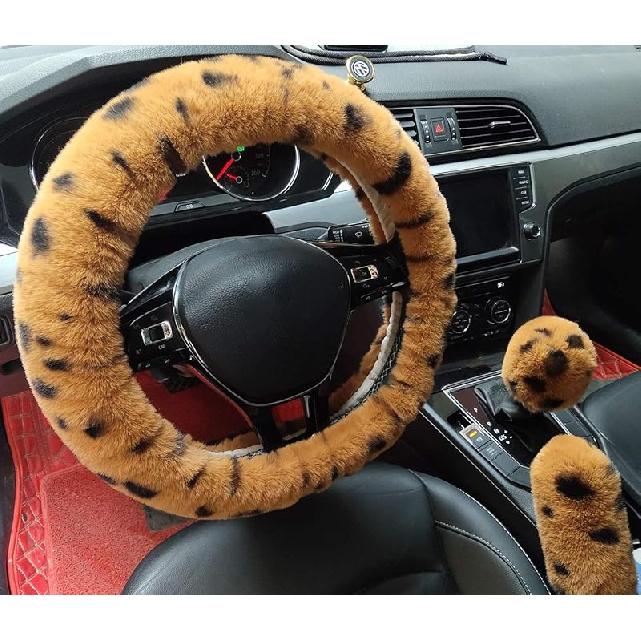 Winter Warm Fluffy Furry Fuzzy Car Steering Wheel Cover,Universal Fit Thickening Faux Fur Plush Steering Covers+Gear Shift Cover And+Brake Cover-3Pcs