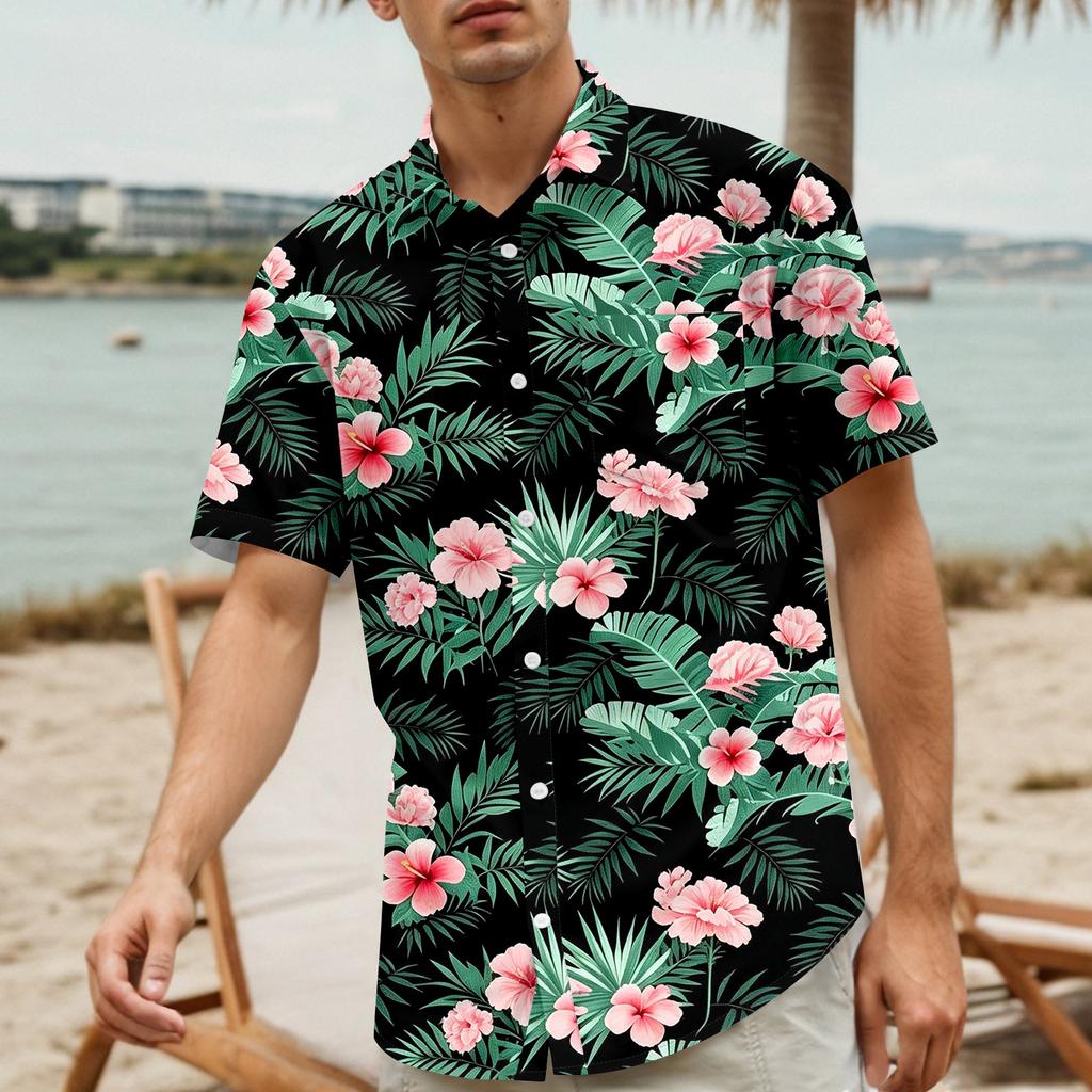 Men's Casual Short Sleeve Button Down Shirt Tropical Floral Leaf Print Lightweight Breathable Fabric Comfortable Fit