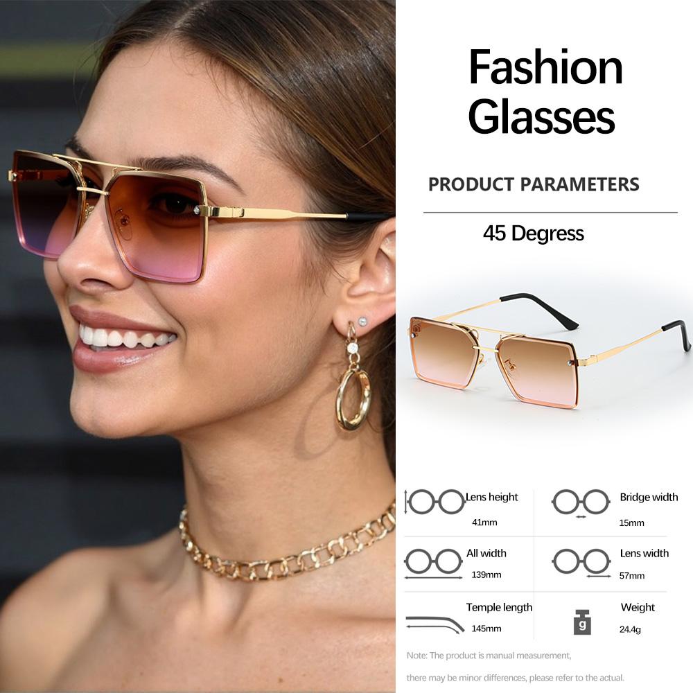 Vintage Square Double Bridge Sunglasses For Women With Golden Metal Frame And Chain Decoration Light Luxury Women Glasses