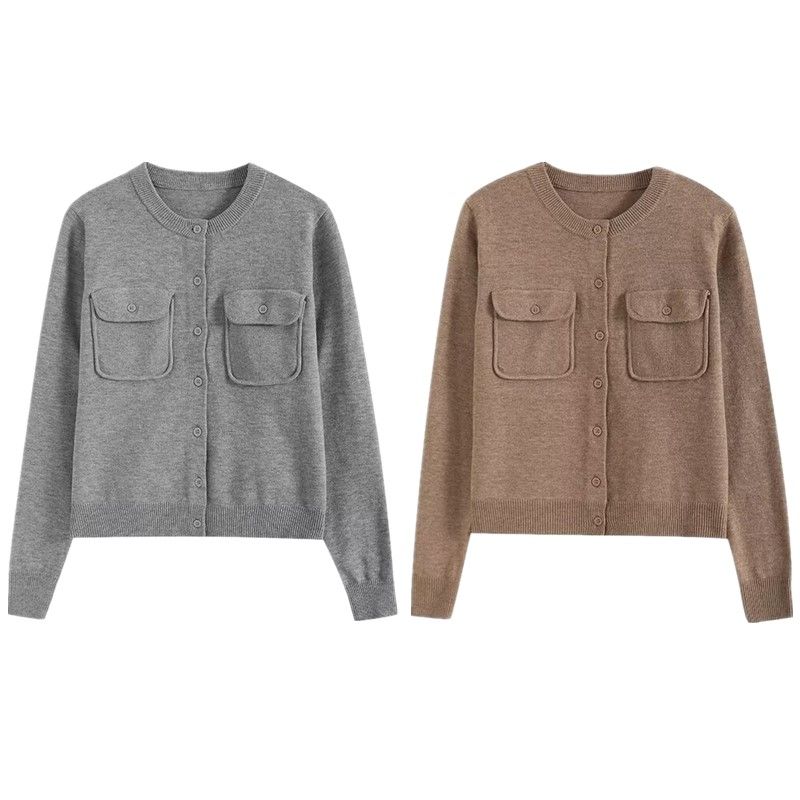 Fashion Style 2024 Autumn New Women's Clothing All Match Minimalism Elegance Style round Neck Knitting Cardigan Short Coat