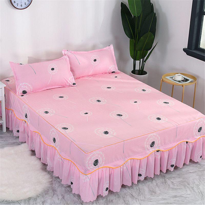 3PCS Bed Skirt Flower Printed Fitted Sheet Cover Home Graceful Bedspread Bed Linens Bedroom Decor Mattress Cover Pillowcase