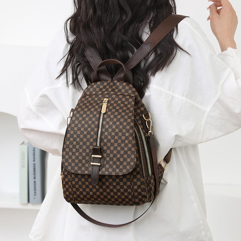 Korean version of retro style printing contrasting color plaid multi-purpose women's shoulder bag mature versatile backpack women