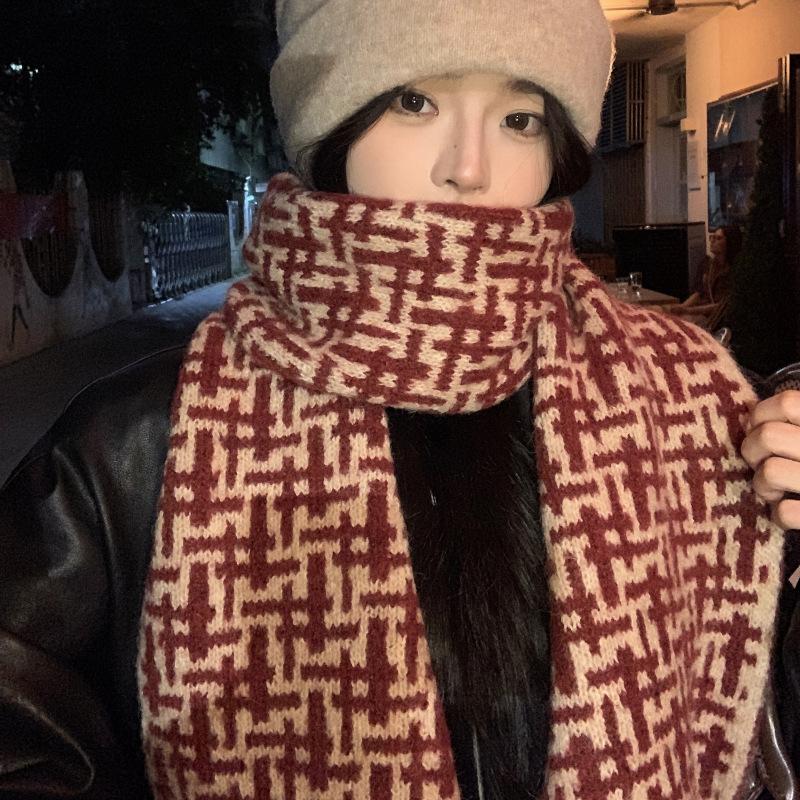 Women Winter Knitted Scarf Headscarf Ladies Casual Red Plaid Warm Scarve Mujer Foulard Wrap Shawl New Christmas New  Gifts