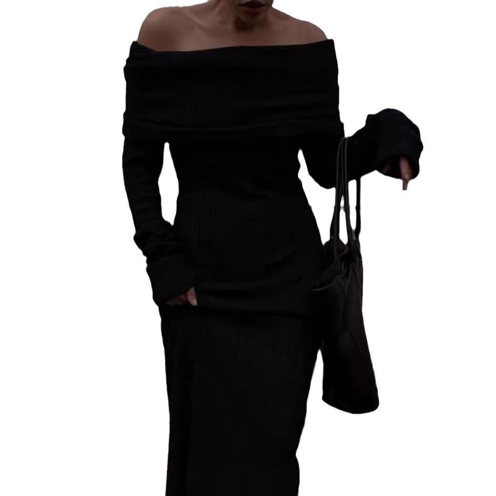 2024 High-End European & American One-Shoulder Sweater Dress - Women's Long, Waist-Hugging, Hip-Wrapping Style