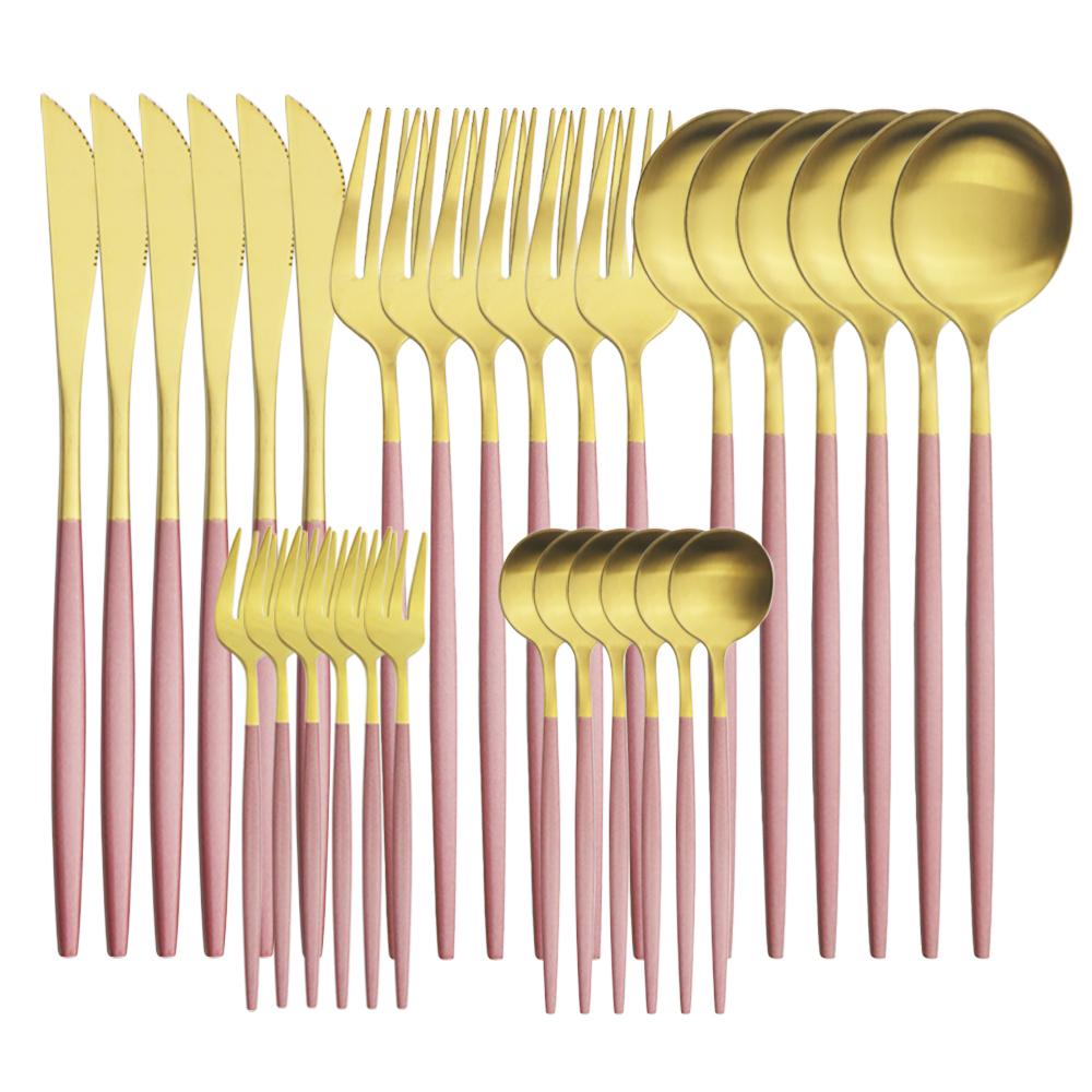 30 Pieces Dinnerware Matte Stainless Steel Cutlery Set Roes Gold Knives Fork Teaspoons Silverware Kitchen Party Dinner Tableware