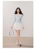 Kumikumi Women's Chic Blue Lace Tie-Up Long Sleeve Autumn Two-Piece Slimming T-Shirt