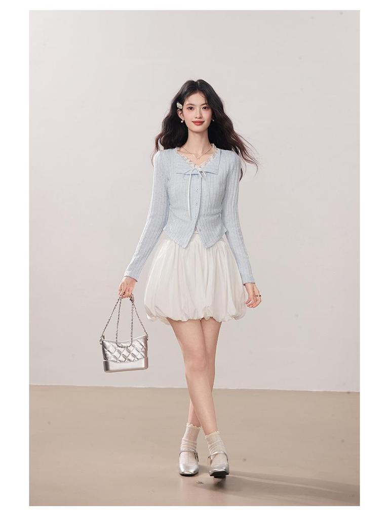 Kumikumi Women's Chic Blue Lace Tie-Up Long Sleeve Autumn Two-Piece Slimming T-Shirt