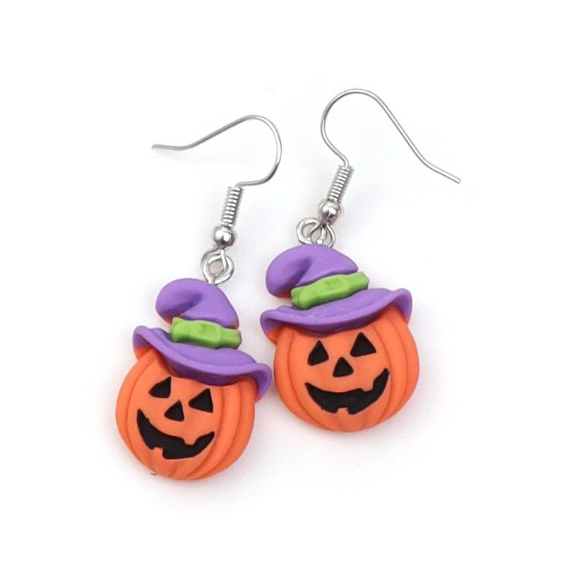 Hiphop Halloween Earrings Women Bat Pumpkin Lamp Spider Web Witch Hat Ghost Pendant Ear Dangle Earrings Wholesale Resin Jewelry
