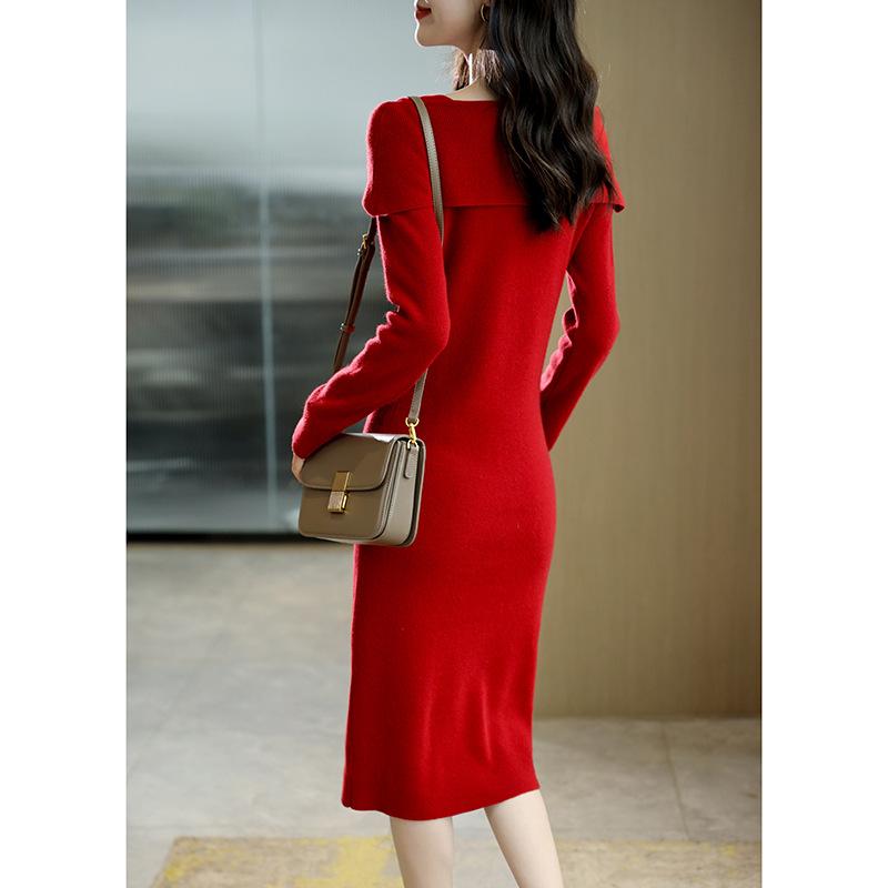 New Spring Design Bow Temperament Knitted Skirt Mid-length Festive Red Dress for Women