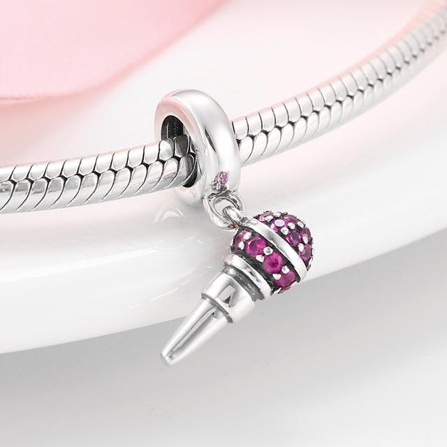 925 Sterling Silver Microphone Shape Flamingo Pink CZ Beads Fit Original Designer Charms Bracelet Bangles DIY Jewelry Making