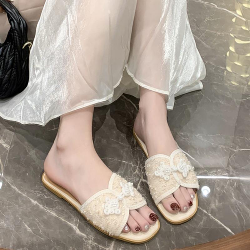 New Slippers for Women Daily Flat Comfortable Solid Color Ladies Summer Fashionable Chinese Knot Casual Elegant Indoor Slippers 35 бежевый