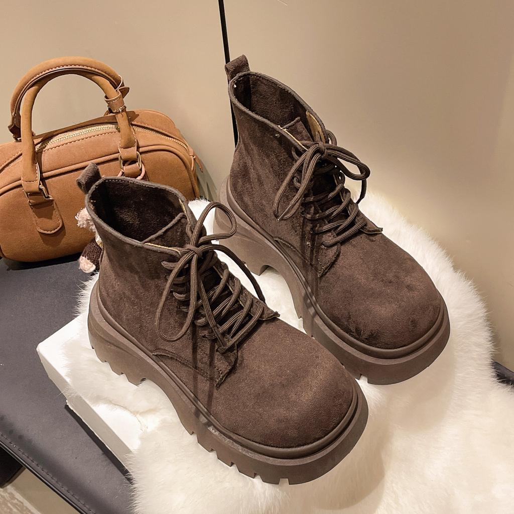 Fashion Versatile Thick-soled Heightened and Thin Martin Boots Women's 2025 Autumn and Winter New Lace-up Muffin Bottom Locomotive Boots Women's Boots